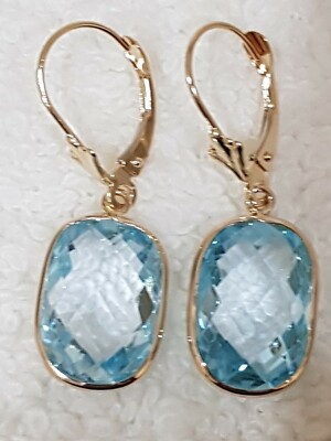 14 Karat Gelbgold Ohrringe baumelnd mit Blautopas.14×10 Briolet Leverback 