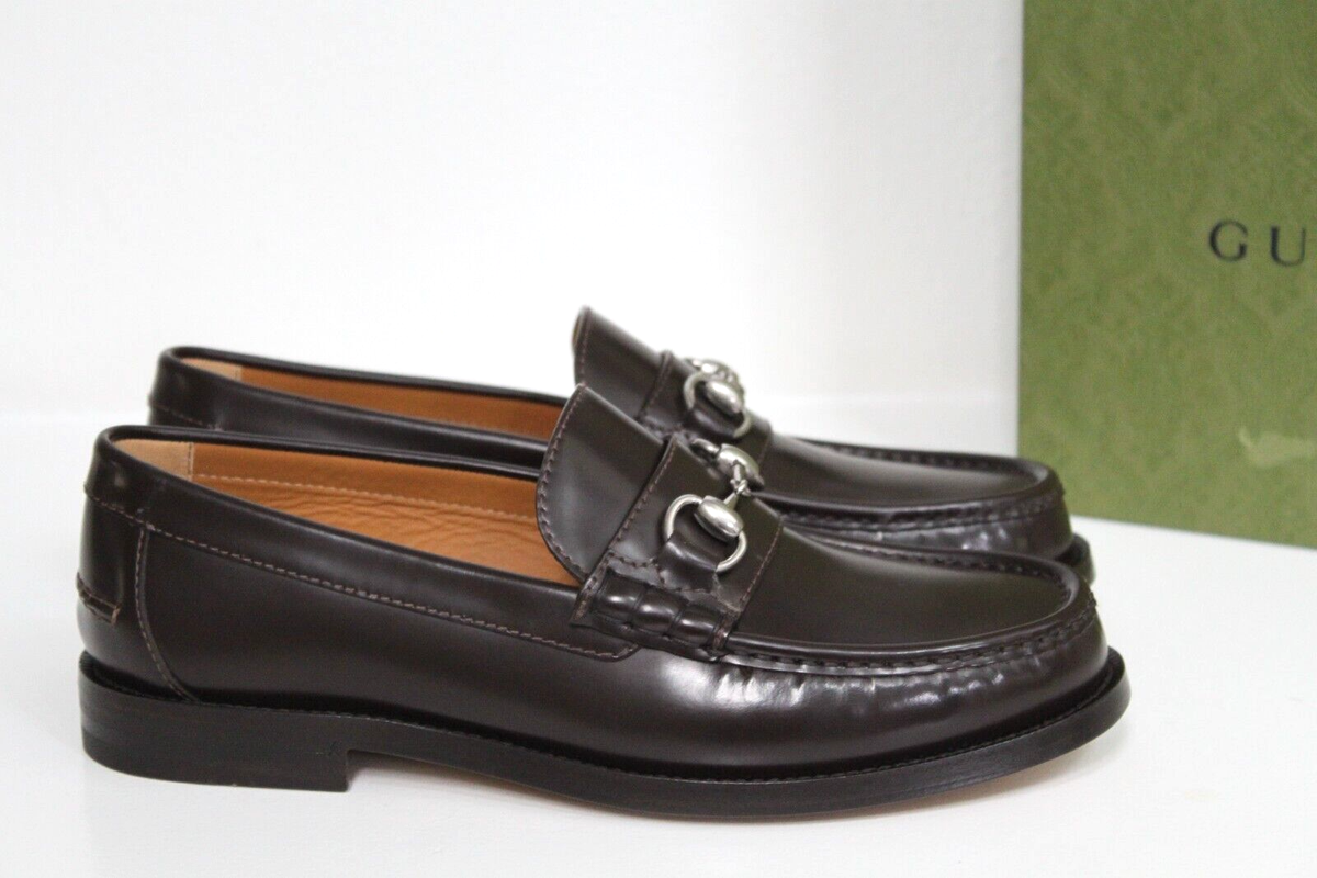 New sz 9 US / 8 UK GUCCI Kaveh Logo Horsebit Brown Leather Loafer