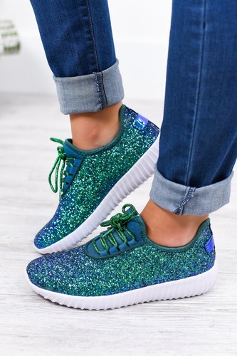 New Womens Sparkling Glitter Lace Up Gym Fitness Trainer Fashion Sneaker Booties - Picture 13 of 17
