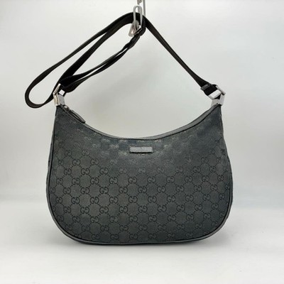 GUCCI GG Supreme Half Moon Shoulder Bag Crossbody Canvas Leather Black