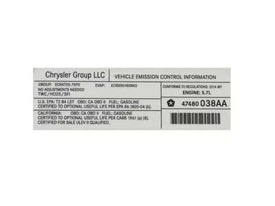 Genuine Mopar Vehicle Emission Control Information Label 47480038AA