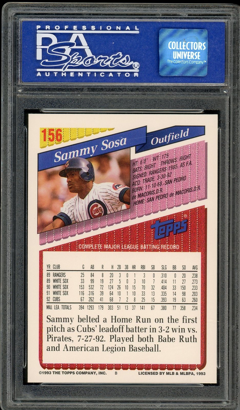 1993 Topps #156 Sammy Sosa - PSA 7 view 2