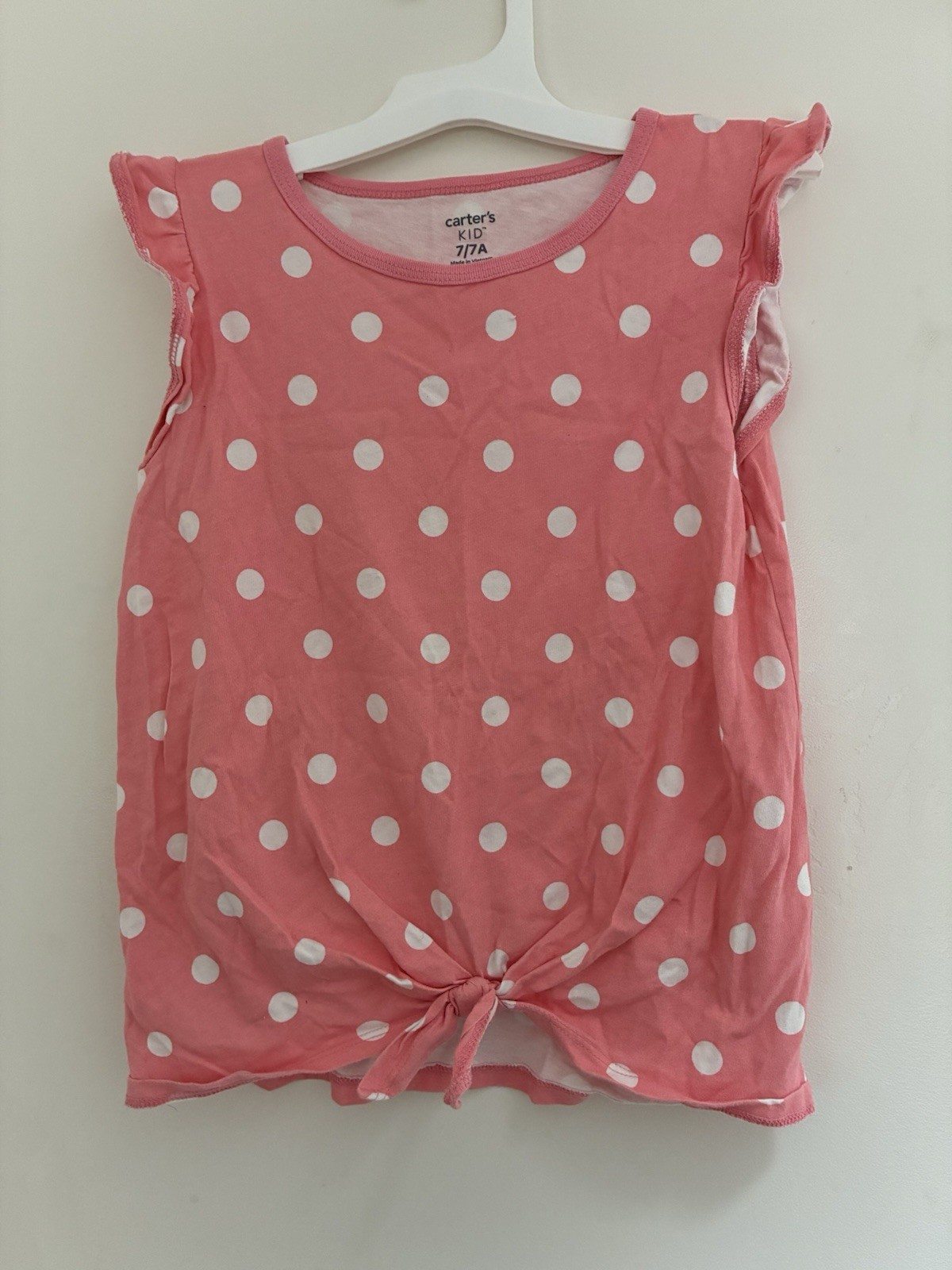Carter's Kid Girls Big Polka Dot Tie Front Cotton Flutter Sleeve Shirt Pink Sz 7