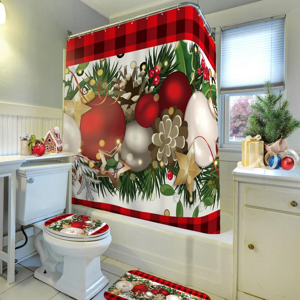 4 Pcs Christmas Shower Curtain Set with Non Slip Rugs Toilet Lid Cover Floor Mat - Изображение 2 из 4