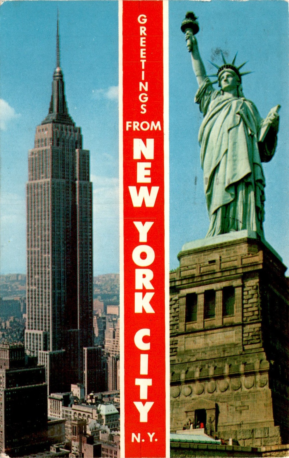 New York City postcard featuring Empire State Building and Statue of Liberty