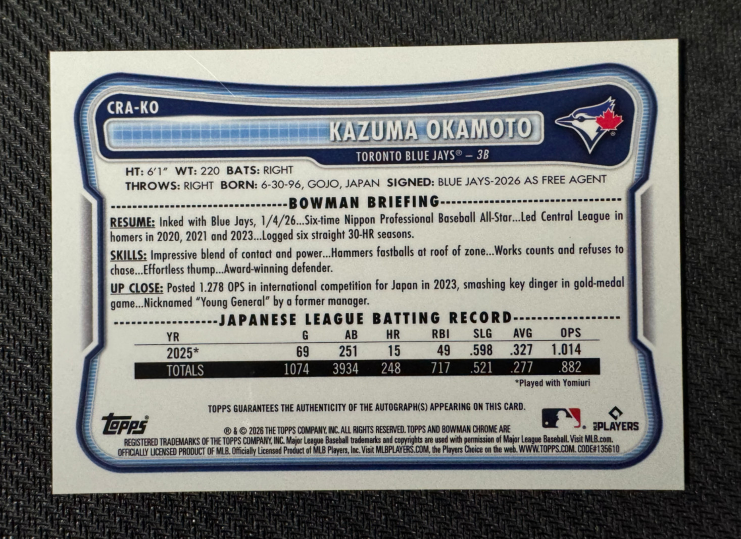 Kazuma Okamoto 2026 Bowman Chrome Rookie Auto Blue /150 CRA-KO RC Blue Jays view 2