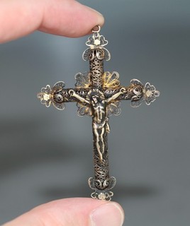 Antique silver filigree cross with christ catholic or christian 18th century.