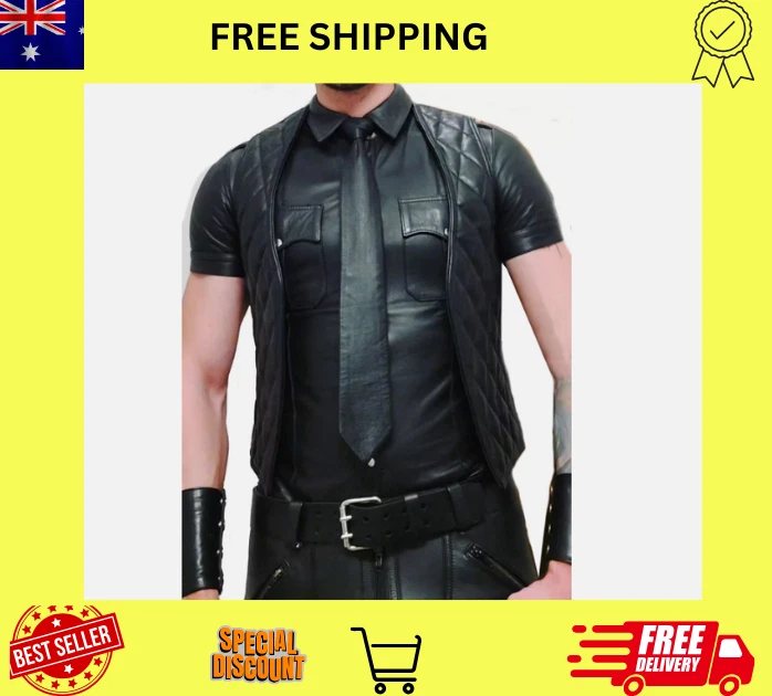 Men's Real Lamb Leather Bartender Vest Quilted Lamb Leather Vest Front Open Vest