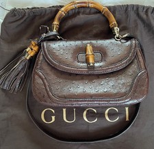 GUCCI Ostrich Leather Medium Tassel New Bamboo Top Handle Crossbody Bag Brown