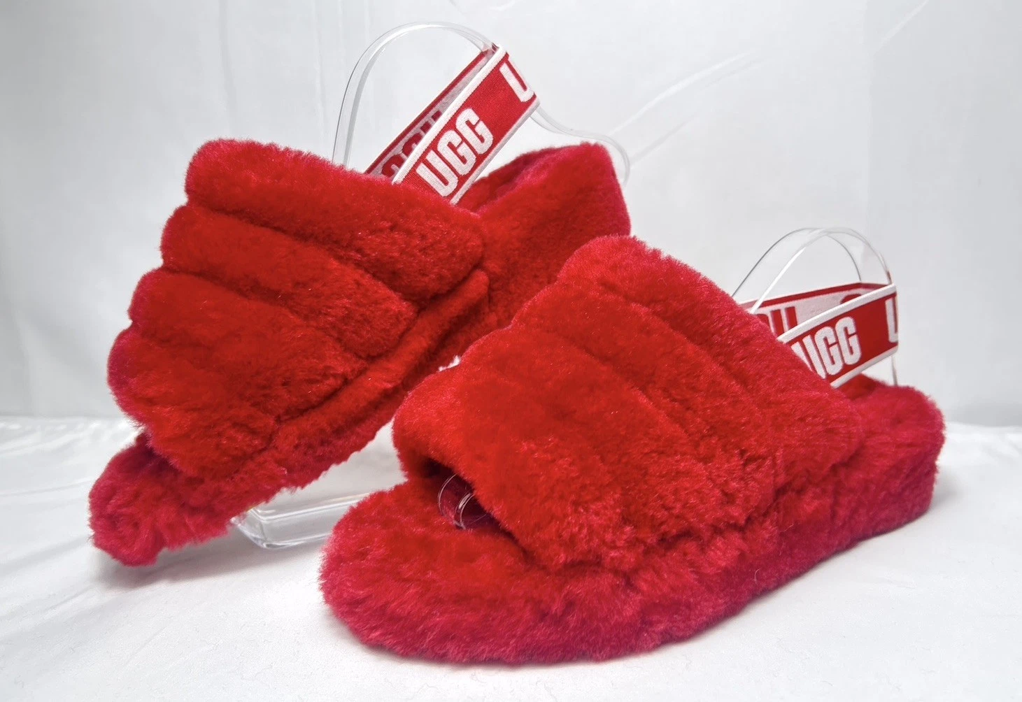 SANDALI UGG NASTRO ROSSO FLUFF YEAH SLIDE LOGO PLATEAU PELLE DI PECORA DONNA TAGLIA 7