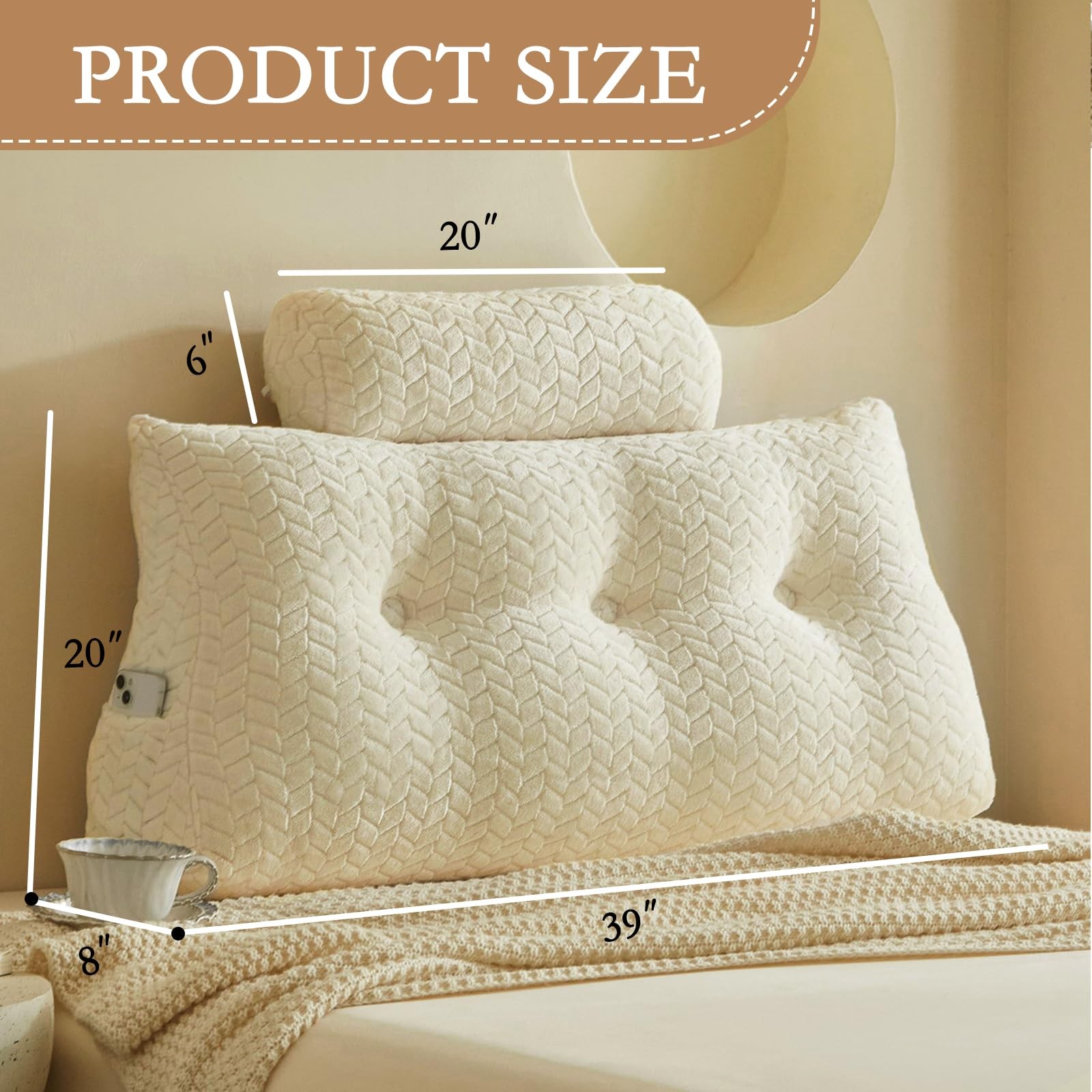 Wedge Headboard Pillow Twin with 1 Pack Neck Roll Pillows, Triangular Wedge B...