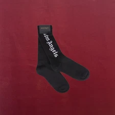 PALM ANGELS BLACK GOTHIC LOGO COTTON-BLEND UNISEX CREW SOCKS SIZE S/M