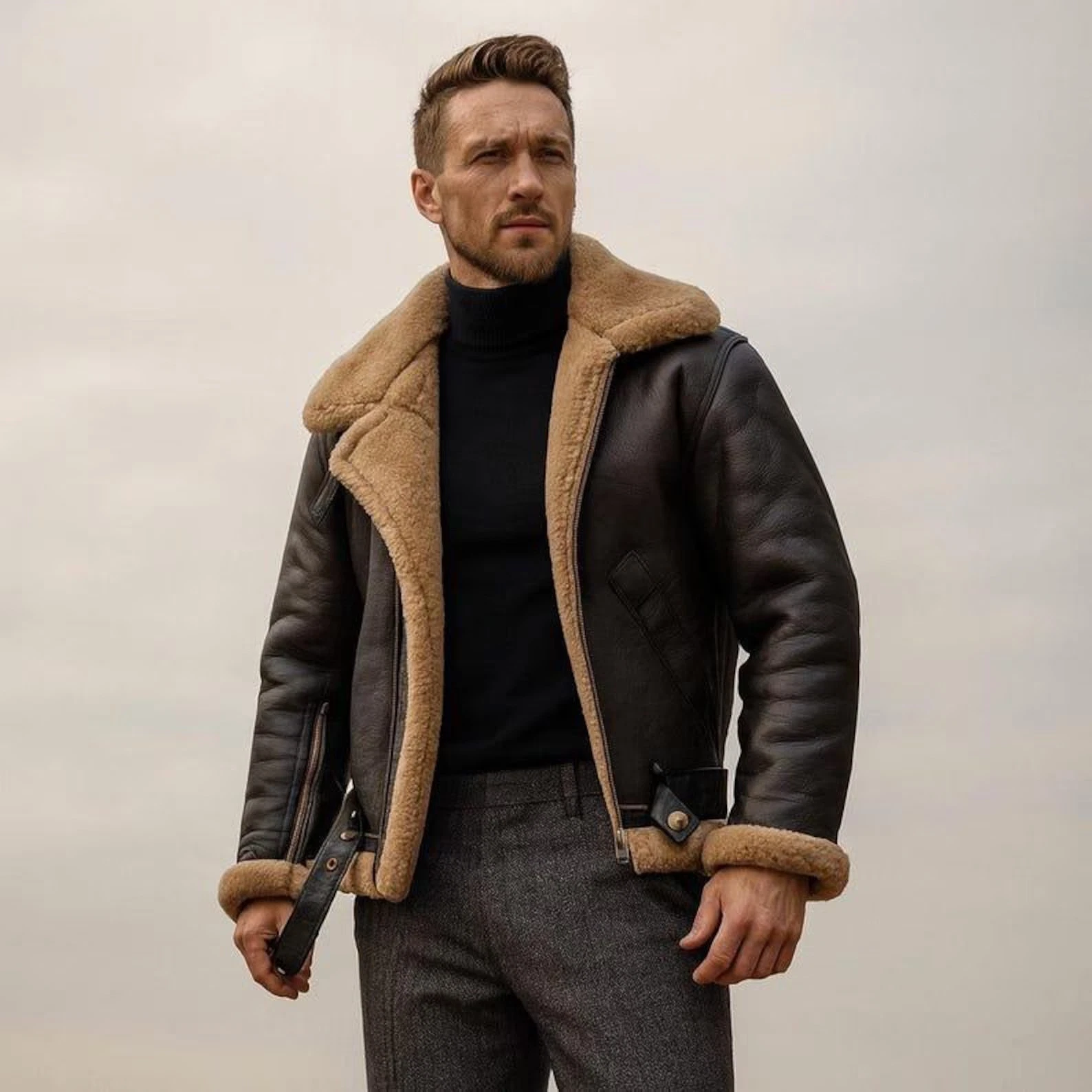 Men's Handmade B3 Real Sheepskin Leather Bomber Jacket RAF Pilot Flying Fur Coat