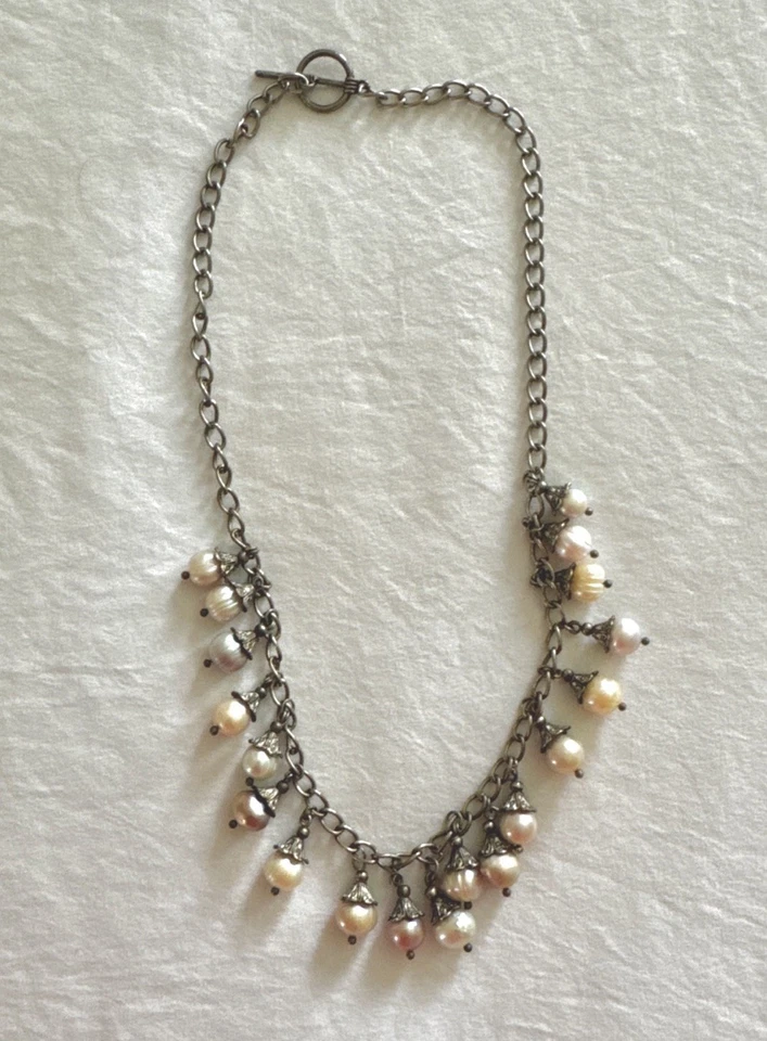 Cultured Pearls Beaded Silver Tone Gun Metal Chain Statement Necklace - Image 2 of 4