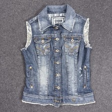 GUESS Los Angeles Denim Vest Womens M Eagle Embroidered Distressed Stretch
