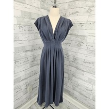 Max Studio London Slate Blue V-Neck Smocked Waist Maxi Dress XS Pockets