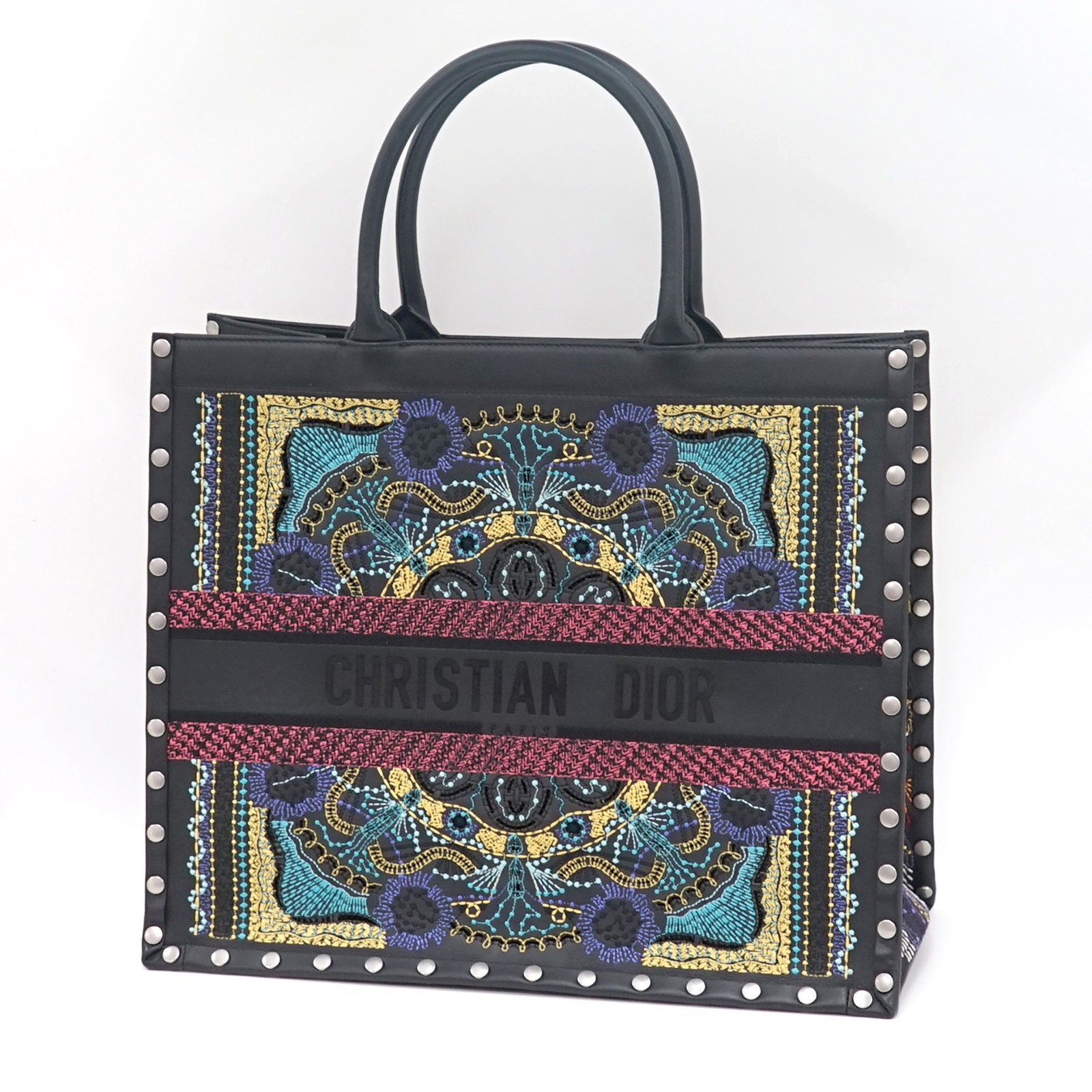 Christian Dior Embroidered Studded Book Tote Large Bag Black Leather Multicolor