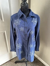 Quacker Factory Embroidered Snowflake Tunic Shirt Jacket Blue Medium