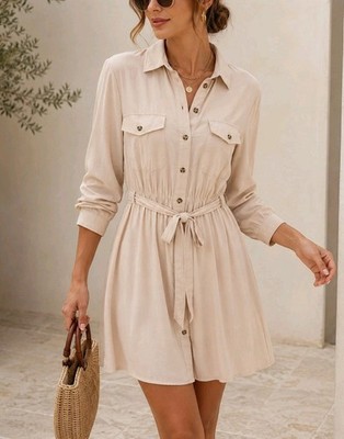 Esmara Shirt Dress US 12 Beige Button Front Belted Long Sleeve NWT Viscose