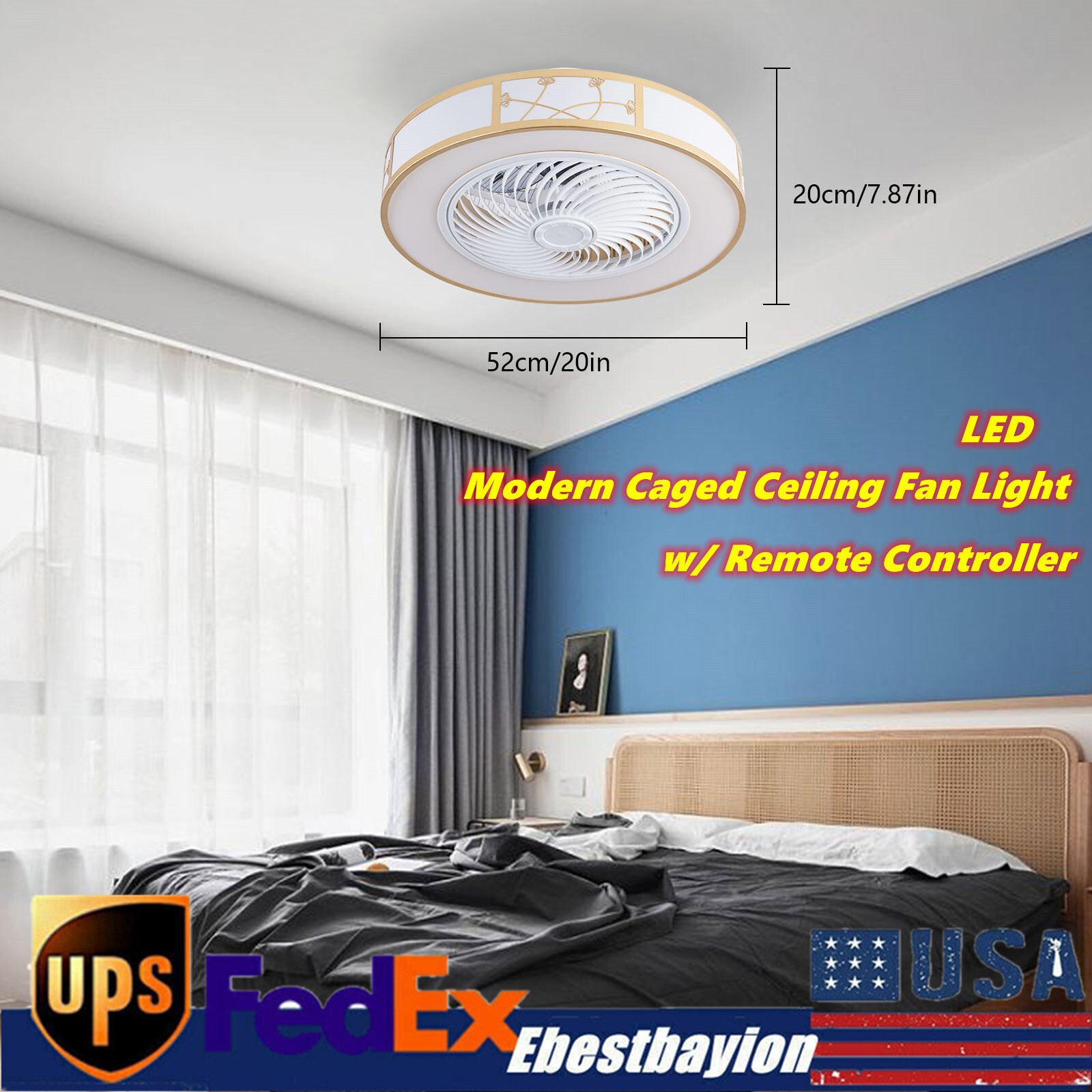 20in Modern Caged Ceiling Fan Light Flush Mount Farmhouse Pendant Fandelier 40W