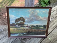 William T Crane's "Hay Farm" 1947 Lithograph Print Framed Under Glass