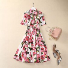 Women's Lapel Short Sleeve Floral Printed Belted Mid Long Shirt Dress A-line New