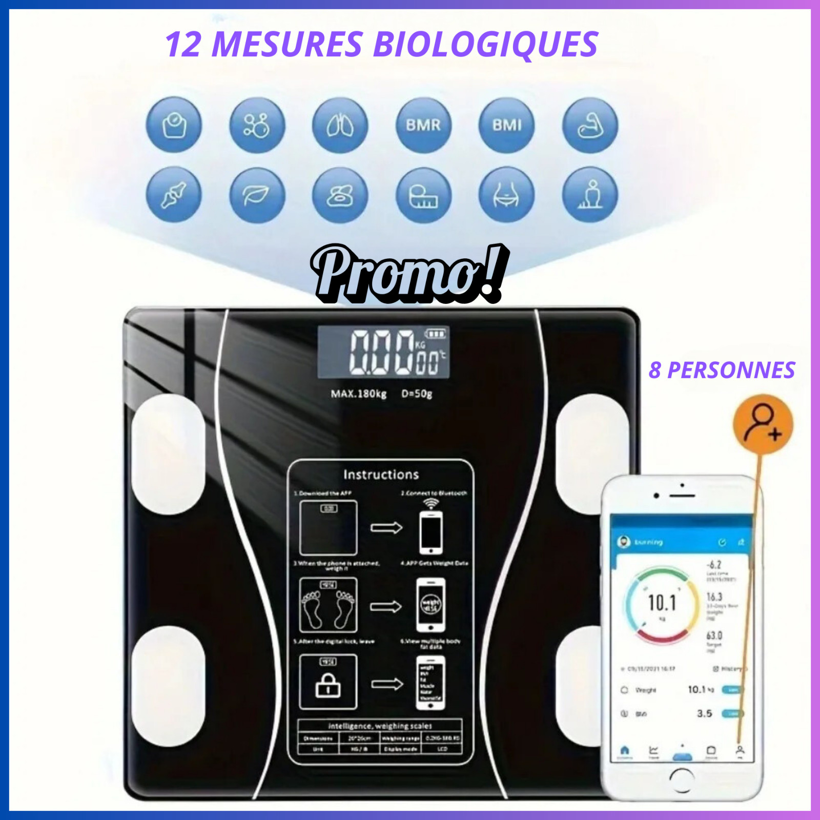Balance connectée santé impédancemètre pour suivi de poids et masse grasse