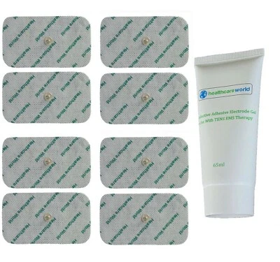 HEALTHCARE WORLD 8 große Druckknopf TENS Elektroden 5x9cm mit Rohr aus leitendem TENS-Gel