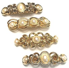 Gold Color Barrette Faux Pearl Leaf Fancy Ornate Women Hair Clip Made in France