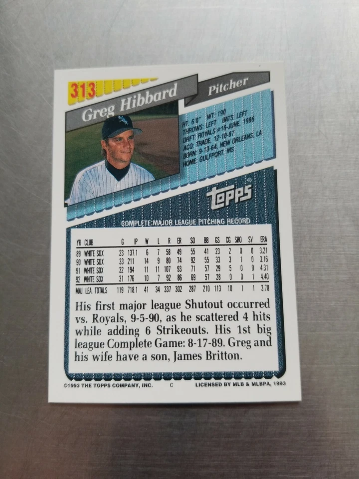 1993 TOPPS GOLD BASEBALL CARD GREG HIBBARD #313 3 - Image 2 of 2