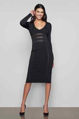 Good American Low Down Knit Midi Dress Size 2 Ruched V Neck Long Sleeve Black