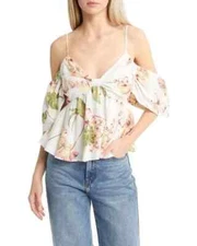 WAYF $128 Coco Floral Print Peplum Babydoll Top in Ivory Tropical Small Nwot