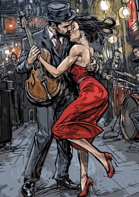 Vintage Jazz Dance Kunstdruck - Romantische Straßenszene mit Live Musik