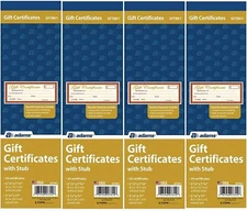 Adams 1-Part Gift Certificates with Stub 3-1/4" x 7-13/16", (4)