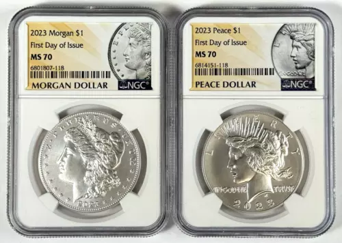 2023-P Morgan & Peace Silver Dollar BU Set NGC MS70 FDOI First Day of Issue!!