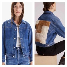 Mother The Back Road Furry Patchwork Back Boho Denim Jacket M Blue New