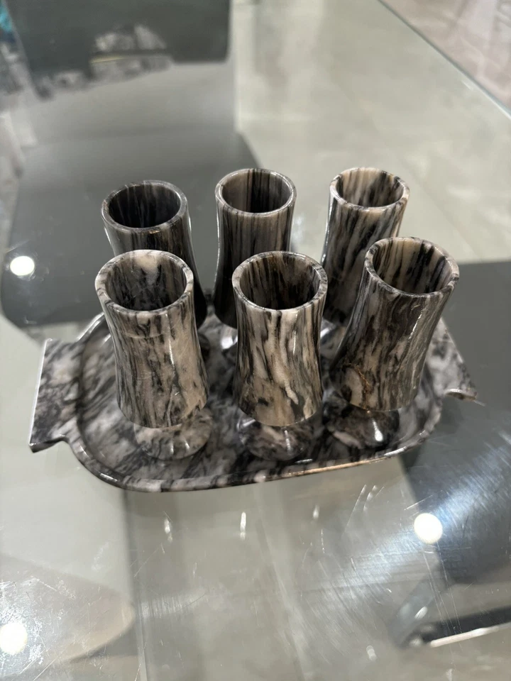 Juego de tazas de cristal de ónix con bandas negras con bandeja 1,5 oz Foto 2 de 4
