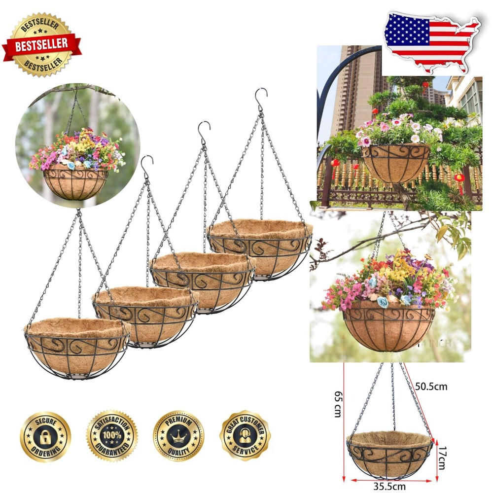 Rustic Plaid Hanging Plant Baskets 4-Pack 14-Inch with Coco Liners