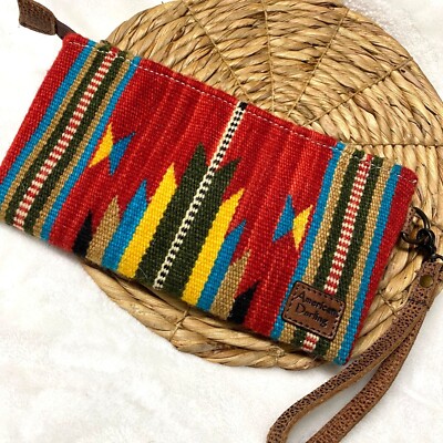 American Darling saddle blanket red Southwestern Woven Clutch Wristlet Leather t