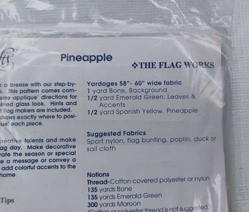 Pineapple Flag Sewing Pattern #07617 New 34" x 48" The Flag Works - Picture 3 of 8