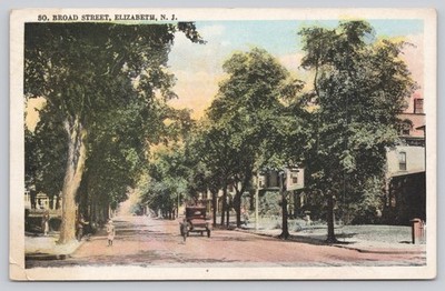 1925 Broad Street Elizabeth NJ Vintage Postcard - Tree Lined Avenue Cars