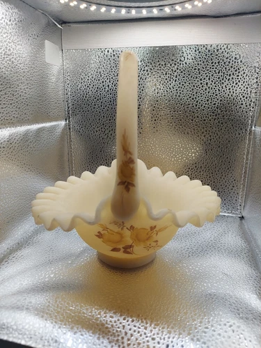 Fenton Vintage Satin Custard Hand Painted Deisy’s Basket Signed By K Boley