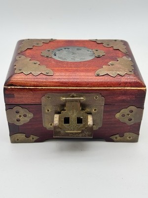 Chinese Wood and Brass Jewelry Box Lined with Green Silk Vintage