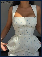 Women Printed Waistband Mini Dress Square Collar Sleeveless Backless 2026 Party