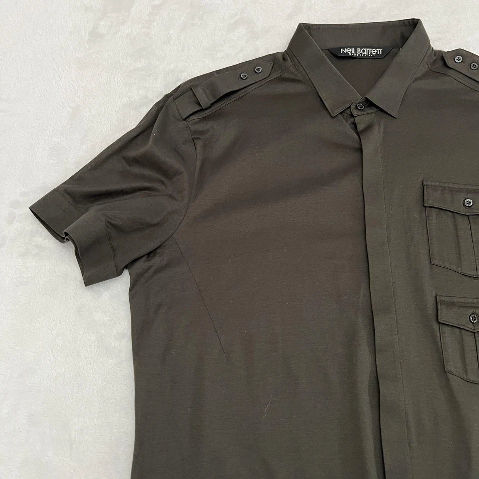 Neil Barrett Shirt Mens 17 43 Green Epaulette Military Double Pocket Made Italy - Image 4 of 4