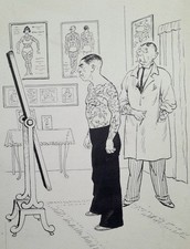 EDWIN MORROW 1877-1952 AMUSING PEN INK CARTOON FOR PUNCH IN THE TATTOO PARLOUR 