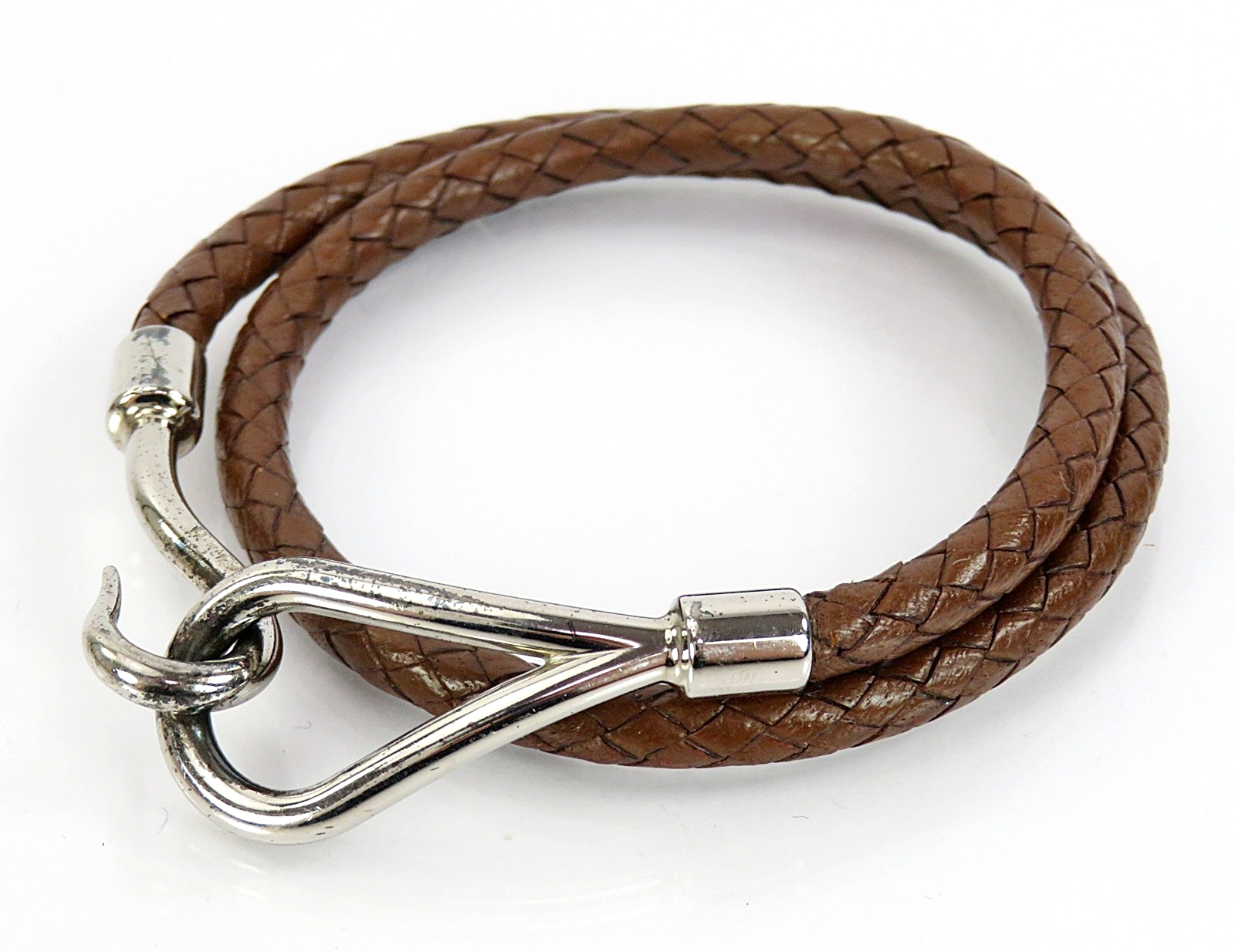 Aut HERMES Jumbo Silvertone Hook Brown Braided Leather Necklace Bracelet #64137B