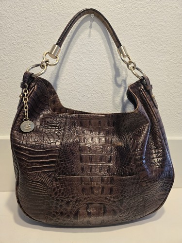 Brahmin Brown Crocodile-Embossed Leather Hobo Shoulder Bag with Charm
