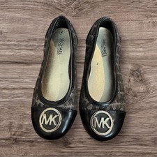 Michael Kors Girls Youth Size 11 Black Monogram MK Gold Ballet Flats Shoes