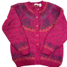 Ashley Cardigan Women Large Pink Rose Fair Isle Grannycore Mohair Fuzzy Sweater